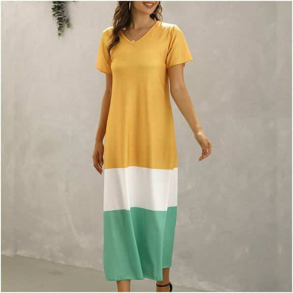 Wycnly Womens Dresses Beach Fashion Loose Lightweight Tshirt Long Sundress Fashion Color Patchwork V-Neck Short Sleeve Maxi Summer Dress Yellow l