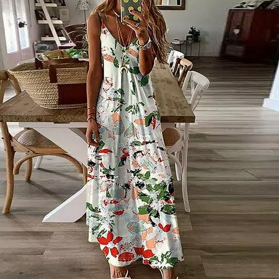 Wycnly Womens Dresses Beach High Waist Hem Swing Spaghetti Strap Long Sundress Fashion Striped Print V-Neck Sleeveless Maxi Summer Dress Green XL