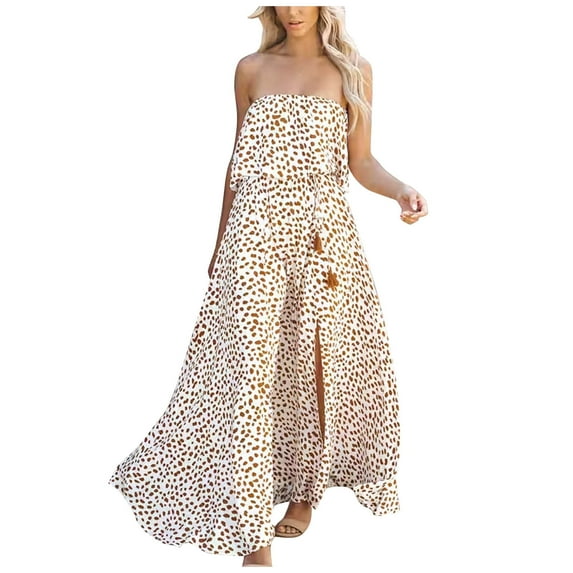 Wycnly Womens Dresses Beach Party Sexy Off Shoulder Elastic Waist Slit Swing Dresses Leopard Print Tube Top Sleeveless Maxi Summer Dress Khaki s Clearance Under $5