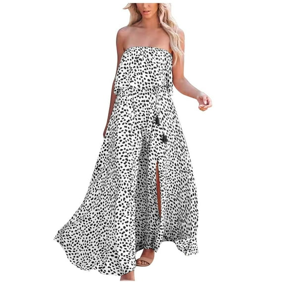 Wycnly Womens Dresses Beach Party Sexy Off Shoulder Elastic Waist Slit Swing Dresses Leopard Print Tube Top Sleeveless Maxi Summer Dress White l Under $5