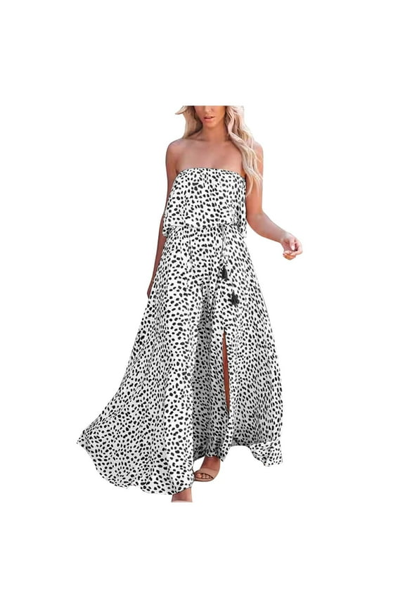 Womens Dresses Beach Party Sexy Off Shoulder Elastic Waist Slit Swing Dresses Leopard Print Tube Top Sleeveless Maxi Summer Dress White l Under $5