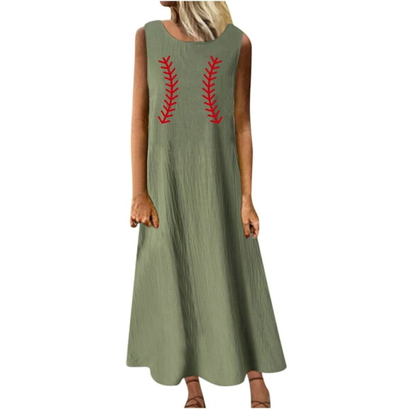 Wycnly Womens Dresses Beach Vacation Fashion Loose Swing Cotton Linen Tank Dresses Baseball Striped Print Crewneck Sleeveless Long Summer Dress Army Green s Under $5