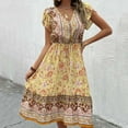thumbnail image 1 of Wycnly Womens Dresses Beach Vacation Vintage Bohemian Elastic Waist Flowy Swing A Line Dresses Summer Floral Print V-Neck Short Sleeve Formal Midi Dress Yellow l, 1 of 5