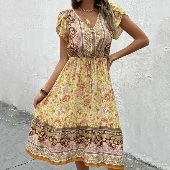 Wycnly Womens Dresses Beach Vacation Vintage Bohemian Elastic Waist Flowy Swing A Line Dresses Summer Floral Print V-Neck Short Sleeve Formal Midi Dress Yellow XL