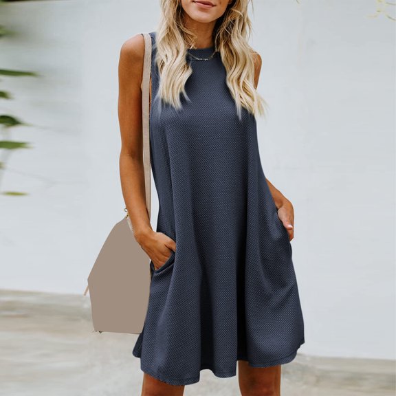 Wycnly Womens Dresses Breathable Comfy Casual Loose Swing Pocket Tank Mini Dresses Summer Solid Round Neck Sleeveless Formal Short Dress Dark Gray s