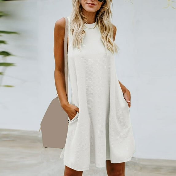 Wycnly Womens Dresses Breathable Comfy Casual Loose Swing Pocket Tank Mini Dresses Summer Solid Round Neck Sleeveless Formal Short Dress White l
