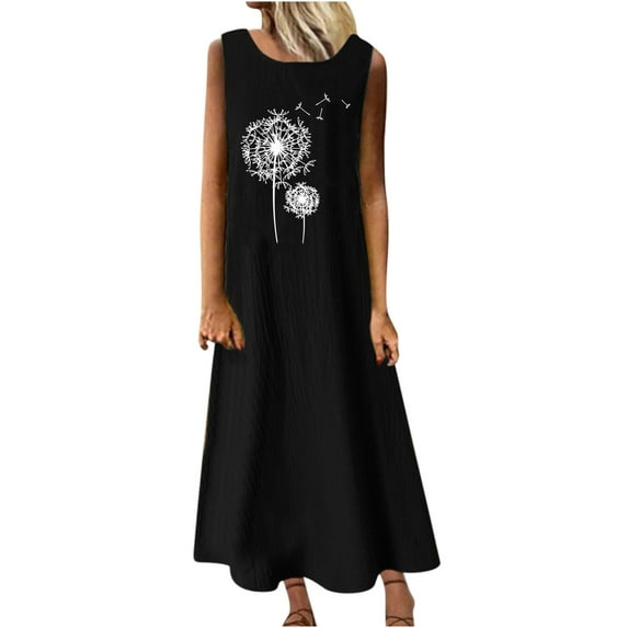 Wycnly Womens Dresses Breathable Soft Cotton Line Loose Swing Tunic Tank Maxi Dresses Dandelion Print Round Neck Sleeveless Long Summer Dress Black m Clearance Under $5