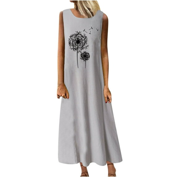 Wycnly Womens Dresses Breathable Soft Cotton Line Loose Swing Tunic Tank Maxi Dresses Dandelion Print Round Neck Sleeveless Long Summer Dress Gray l Clearance Under $5