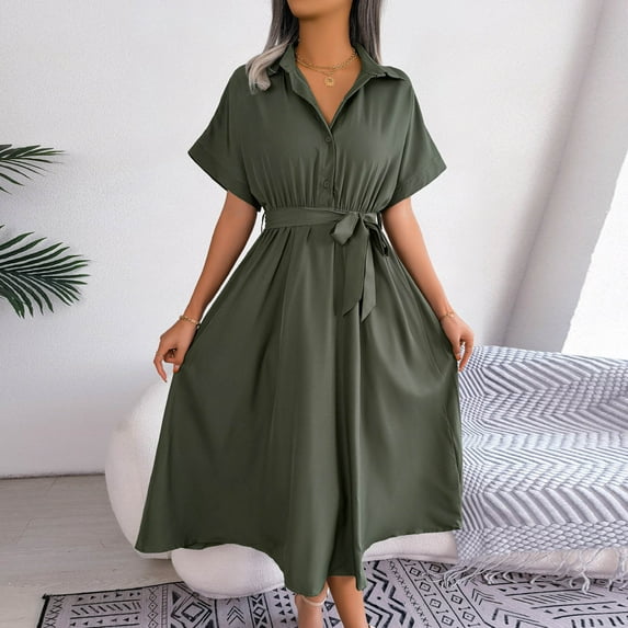 Wycnly Womens Dresses Casual Button Down Lapel Elastic Waist Dresses with Belt Fashion Solid V-Neck Short Sleeve Long Summer Dress Army Green s