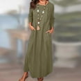 thumbnail image 1 of Wycnly Womens Dresses Casual Button Down Loose Cotton Linen Long Dresses with Pocket Fashion Solid Round Neck 3/4 Sleeve Maxi Summer Dress Khaki m, 1 of 7