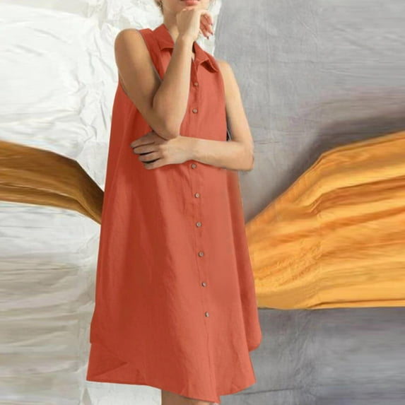 Wycnly Womens Dresses Casual Cotton Linen Plus Size Button Down Shirts Mini Dresses Summer Solid Lapel Sleeveless Formal Short Dress Orange XXL