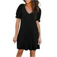 thumbnail image 1 of Wycnly Womens Dresses Casual Lantern Sleeve Pocket Swing Short Tunic Tshirt Dresses Short Sleeve V-Neck Solid Mini Summer Dress Black M Clearance Clothes, 1 of 7