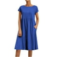 thumbnail image 1 of Wycnly Womens Dresses Casual Pocket Loose Smocked Swing Tunic Tshirt Knee-Length Dresses Short Sleeve Round Neck Solid Midi Summer Dress Blue XXL Clothes, 1 of 1