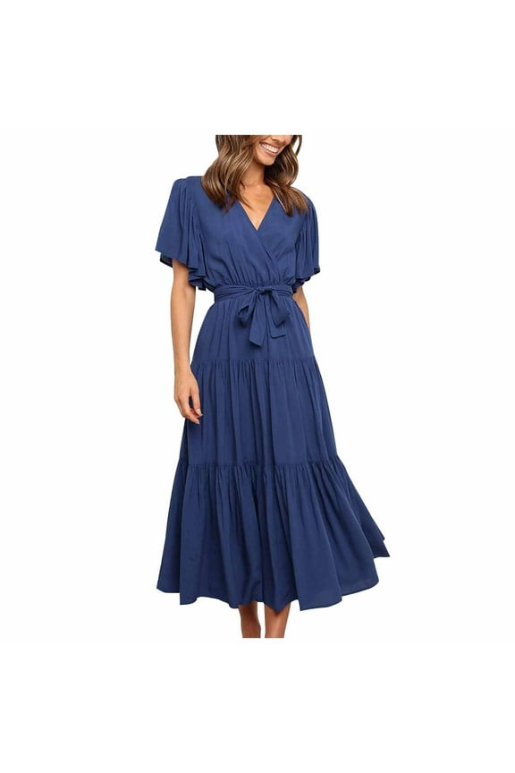 Womens Dresses Casual Ruffle Sleeve Tie Waist Loose Swing A Line Sundress Fashion Solid V-Neck Short Sleeve Long Summer Dress Dark Blue l