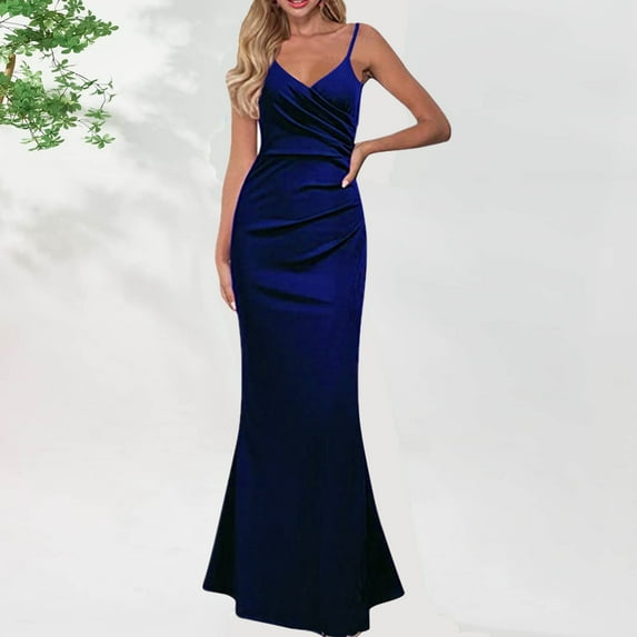 Wycnly Womens Dresses Cocktail Party Prom Elegant Slim Spaghetti Strap Long Fishtail Dresses Fashion Solid V-Neck Sleeveless Maxi Summer Dress Dark Blue XXXL
