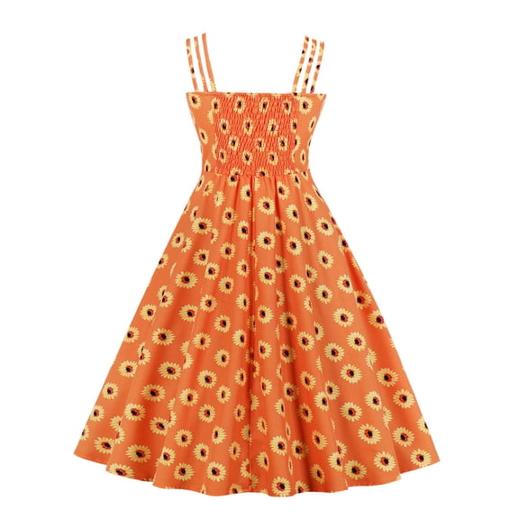 Wycnly Womens Dresses Cocktail Party Prom Plus Size Fashion Tie Spaghetti Strap Pleated Swing 1950s Dresses Summer Daisy Print V-Neck Sleeveless Formal Midi Dress Orange l