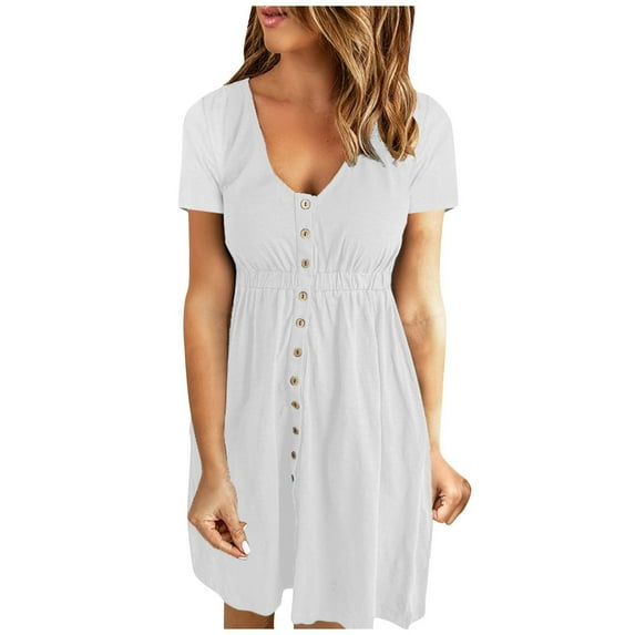 Wycnly Womens Dresses Elastic Waist Button Down Smocked Tunic Tshirt Dresses Fashion Solid V-Neck Short Sleeve Mini Summer Dress White xxxl