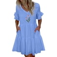 thumbnail image 1 of Wycnly Womens Dresses Elastic Waist Casual Pocket Flowy Ruffle Swing Beach Dresses Short Sleeve V-Neck Flower Print Mini Summer Dress Blue XL Clothes, 1 of 6