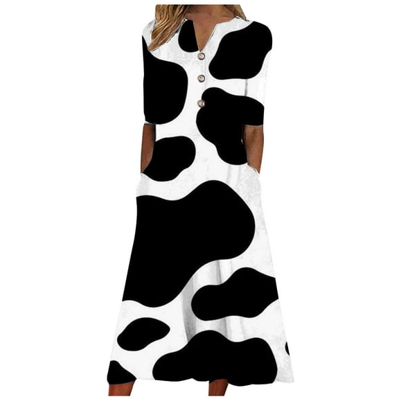 Wycnly Womens Dresses Elbow-Length V-Neck Geometric Print Casaul Maxi Summer Dress Beach Button Down Loose Pocket Fashion Swing Tunic Sun Dresses Black S Clothes