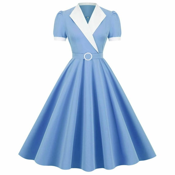 Wycnly Womens Dresses Empire Waist Flowy Pleated Swing A Line Vintage 1950S Graduation Dresses Summer Color Block V-Neck Short Sleeve Formal Midi Dress Light Blue XXL
