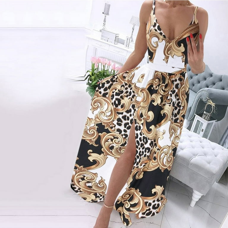 Fashion Print Slit Spaghetti Strap Cake Skirt Dresses Fashion Print Slit Spaghetti Strap Cake Skirt Dresses