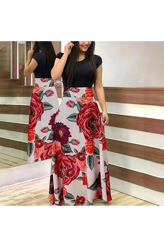 Womens Dresses Evening Party Vintage Empire Waist A Line Swing Maxi Dresses Fashion Ethnic Style Print Crewneck Short Sleeve Long Summer Dress Red s