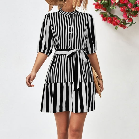 Wycnly Womens Dresses Fashion Button up Loose Flowy Swing A Line Mini Dresses with Belt Summer Striped Print Crewneck Elbow-Length Formal Short Dress Black m