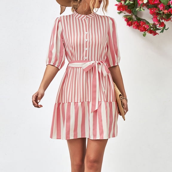 Wycnly Womens Dresses Fashion Button up Loose Flowy Swing A Line Mini Dresses with Belt Summer Striped Print Crewneck Elbow-Length Formal Short Dress Pink m
