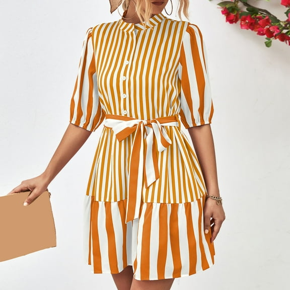Wycnly Womens Dresses Fashion Button up Loose Flowy Swing A Line Mini Dresses with Belt Summer Striped Print Crewneck Elbow-Length Formal Short Dress Yellow s