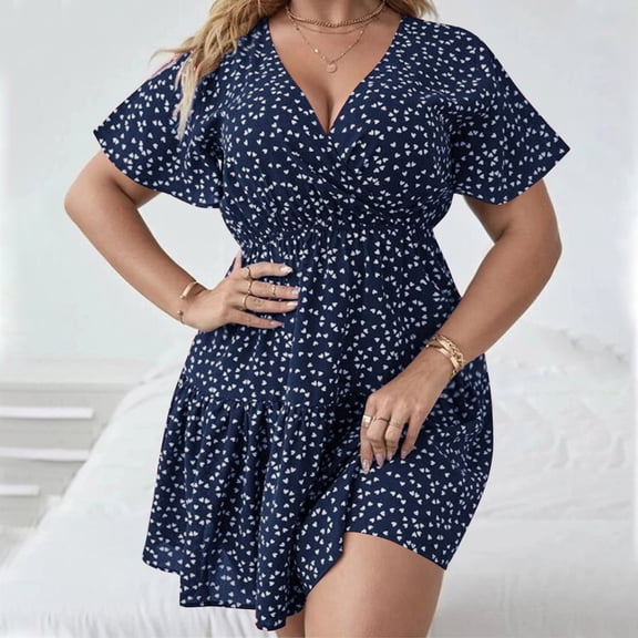 Wycnly Womens Dresses Fashion Elastic Waist Flowy Ruffle Swing Plus Size A Line Short Dresses Summer Polka Dot Print V-Neck Short Sleeve Formal Mini Dress Navy XL