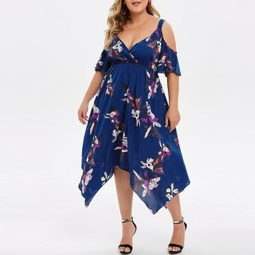 Wycnly Womens Dresses Fashion Elastic Waist Irregular Swing Plus Size Cold Shoulder Strap Dresses Summer Flower Print V-Neck Short Sleeve Formal High-Low Dress Blue XXXL