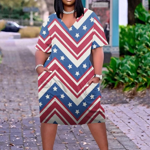 Wycnly Womens Dresses for Independence Day Plus Size Loose Pocket 4th of July Swing Tunic Dresses Short Sleeve V-Neck Star Striped Print Midi 2025 Summer Dress Blue m
