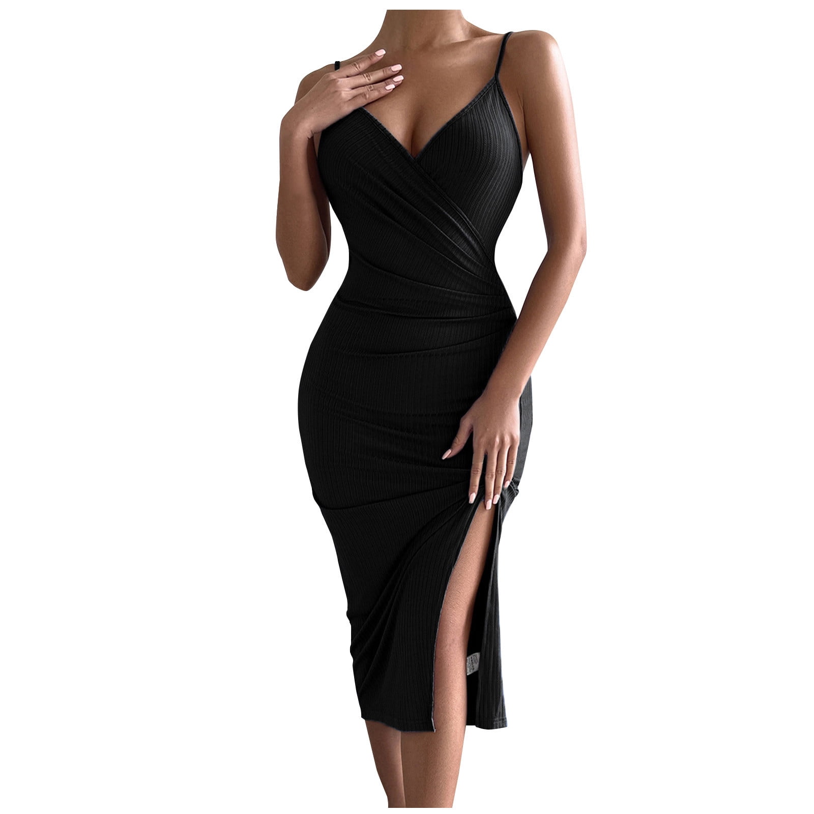 Wycnly Dresses for Women 2024 Knitted Ribbed Night Club Sexy Spaghetti  Strap Slit Bodycon Dresses Sleeveless V-Neck Solid Summer Midi Sun Dress  Pink S Clearance Clothes 