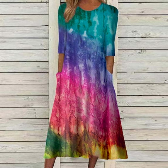 Wycnly Womens Dresses Loose Casual Swing Tunic Sundress with Pocket Fashion Tie-Dye Print Round Neck Elbow-Length Long Summer Dress Red m
