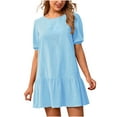 thumbnail image 1 of Wycnly Womens Dresses Loose Flowy Ruffle Swing Soft Cotton Linen Beach Mini Sun Dresses Casual Solid Round Neck Short Sleeve Short Summer Dress Blue xl Under $5, 1 of 6