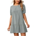 thumbnail image 1 of Wycnly Womens Dresses Loose Flowy Ruffle Swing Soft Cotton Linen Beach Mini Sun Dresses Casual Solid Round Neck Short Sleeve Short Summer Dress Gray m Under $5, 1 of 6