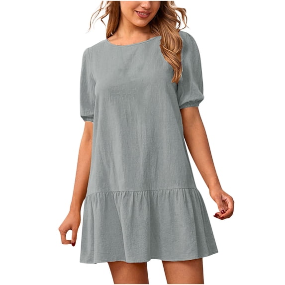 Wycnly Womens Dresses Loose Flowy Ruffle Swing Soft Cotton Linen Beach Mini Sun Dresses Casual Solid Round Neck Short Sleeve Short Summer Dress Gray m Under $5