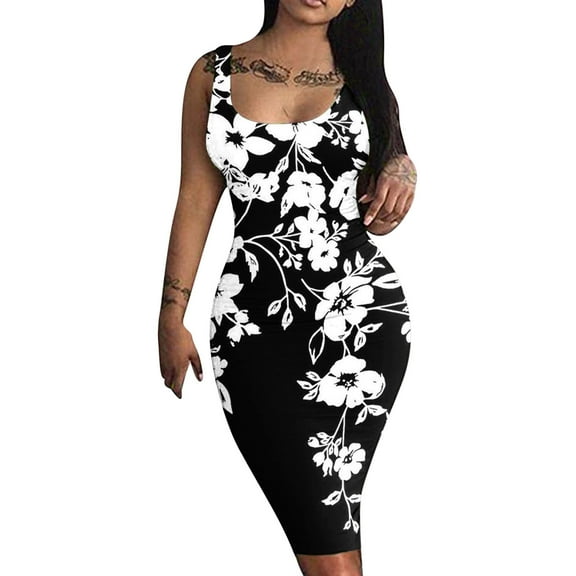 Wycnly Womens Dresses Night Party Club Sexy Basic Bodycon Tank Knee-Length Dresses Casual Floral Print Scoop Neck Sleeveless Midi Summer Dress Black xl Under $5