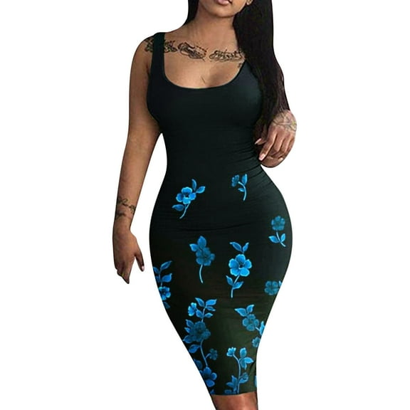 Wycnly Womens Dresses Night Party Club Sexy Basic Bodycon Tank Knee-Length Dresses Casual Floral Print Scoop Neck Sleeveless Midi Summer Dress Blue xl Under $5