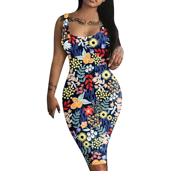 Wycnly Womens Dresses Night Party Club Sexy Basic Bodycon Tank Knee-Length Dresses Casual Floral Print Scoop Neck Sleeveless Midi Summer Dress Navy xl Under $5