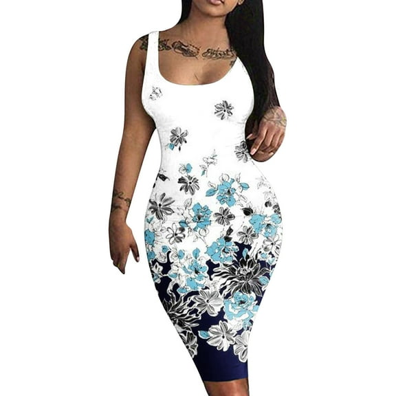 Wycnly Womens Dresses Night Party Club Sexy Basic Bodycon Tank Knee-Length Dresses Casual Floral Print Scoop Neck Sleeveless Midi Summer Dress White l Under $5