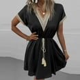 thumbnail image 1 of Wycnly Womens Dresses Party Prom Elegant Lace Patchwork Elastic Waist Swing Mini Dresses with Tassel Summer Solid V-Neck Short Sleeve Formal Short Dress Black XL, 1 of 6