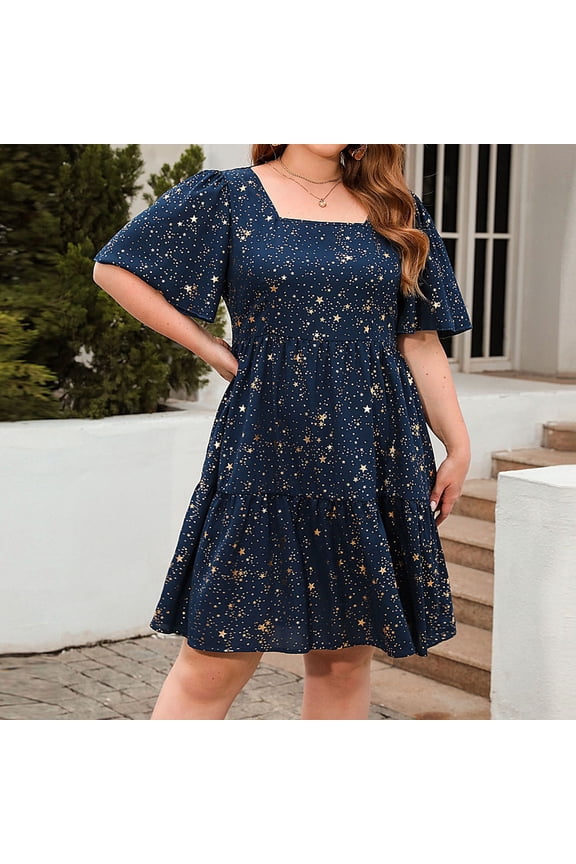 Womens Dresses Party Prom Fashion Empire Waist Flowy Ruffle Swing Plus Size Dresses Summer Floral Print Square Neck Short Sleeve Formal Mini Dress Blue XXXL