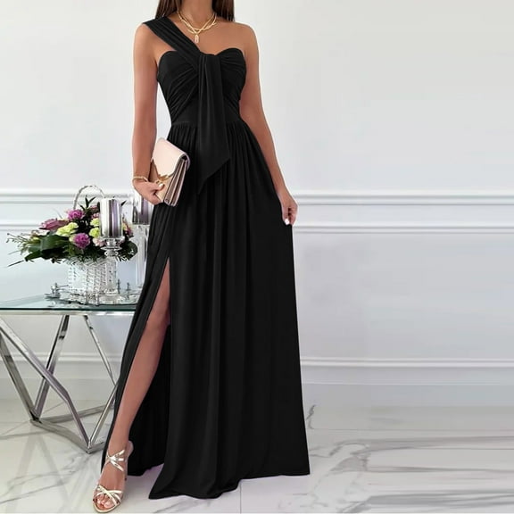 Wycnly Womens Dresses Party Prom Sexy Empire Waist Pleated Swing Slit off Shouder Dresses Fashion Solid V-Neck Sleeveless Maxi Summer Dress Black m
