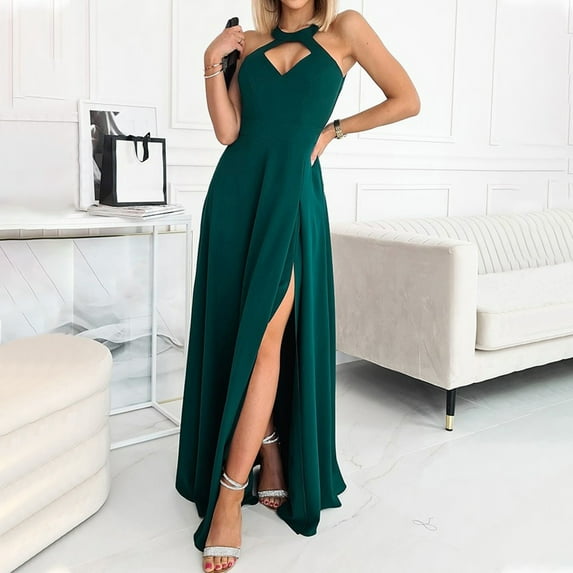 Wycnly Womens Dresses Party Prom Sexy High Slit Empire Waist Keyhole Long Dresses Fashion Solid Halter Sleeveless Maxi Summer Dress Green m