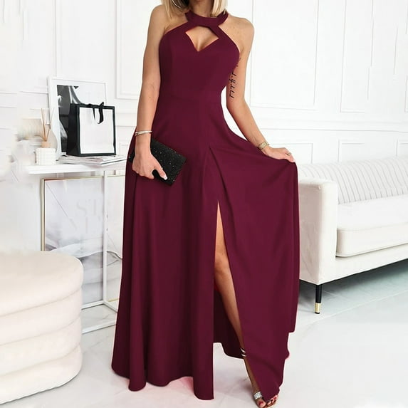 Wycnly Womens Dresses Party Prom Sexy High Slit Empire Waist Keyhole Long Dresses Fashion Solid Halter Sleeveless Maxi Summer Dress Red l