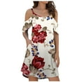 thumbnail image 1 of Wycnly Womens Dresses Party Vintage Floral Cold Shoulder Loose Swing Tunic Tshirt Dresses with Pocket Summer Flowers Print Crewneck Short Sleeve Formal Mini Dress Red m, 1 of 5