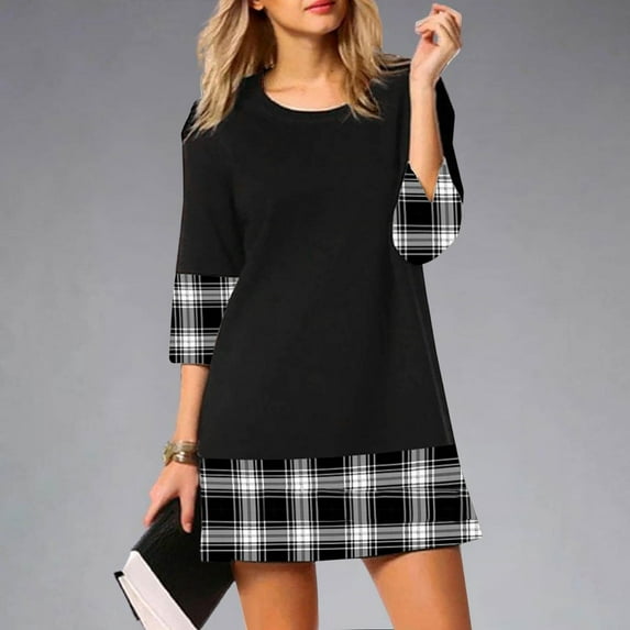 Wycnly Womens Dresses Plus Size Casual Loose Swing Tunic Tshirt Mini Dresses Summer Plaid Print Round Neck 3/4 Sleeve Formal Short Dress Dark Gray XXXL