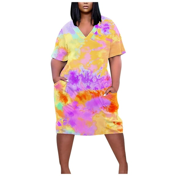 Wycnly Womens Dresses Plus Size Pocket Swing Hem Tunic Tshirt Midi Sun Dresses Casual Tie-Dye Print V-Neck Short Sleeve Knee-Length Summer Dress Orange xxxxl Under $5