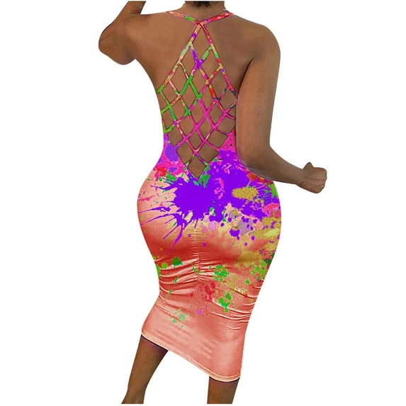 Wycnly Womens Dresses Sexy Back Hollowed Strap Bodycon Night Party Club Dresses Fashion Tie-Dye Scoop Neck Sleeveless Midi Summer Dress Orange xl